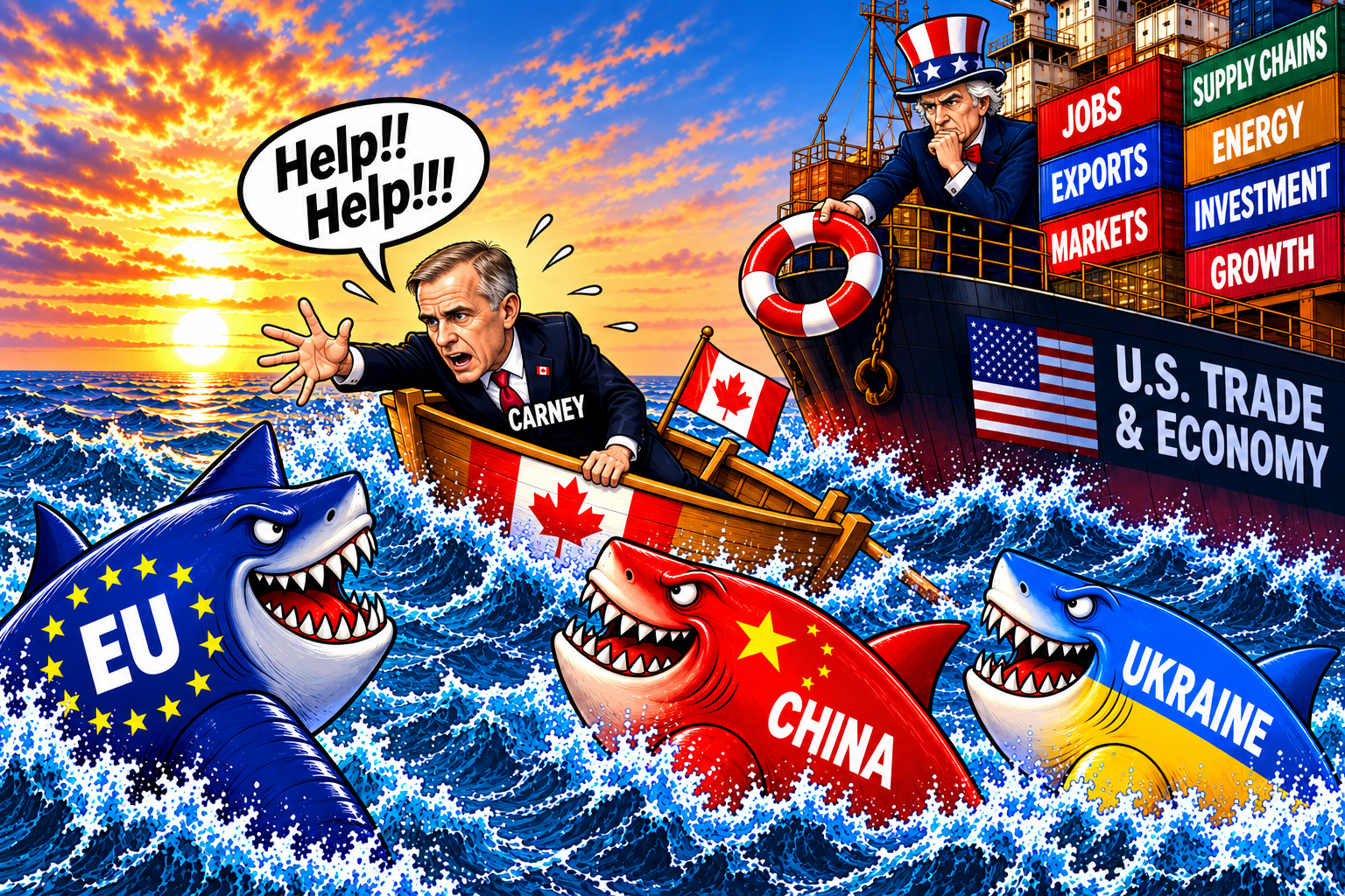 Editorial cartoon: Carney in a Canadian lifeboat appealing toward sharks labelled EU, China and Ukraine while a U.S. trade ship holds a life preserver.